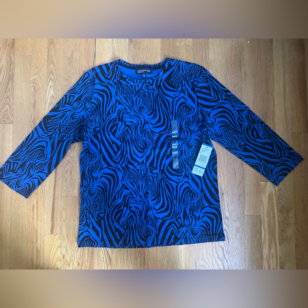 Jones New York Vibrant Blue and Black Patterned Top
